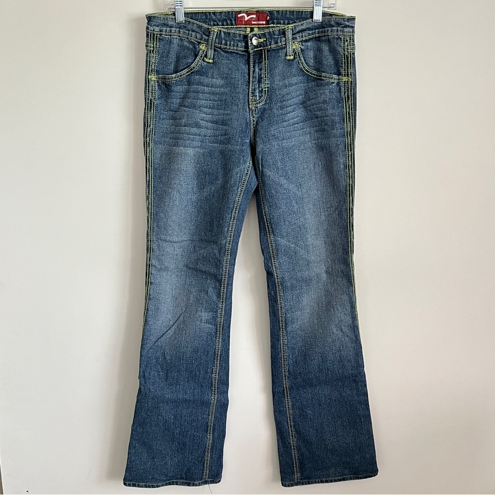Miss Vigoss Bootcut Medium Wash Denim Lime Green Stitching Size 13/14